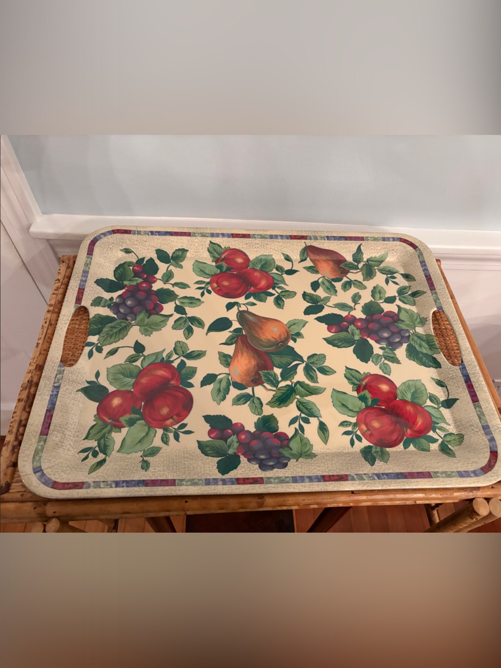 Cream Fruit-Pattern Serving Tray with Red & Green Accents